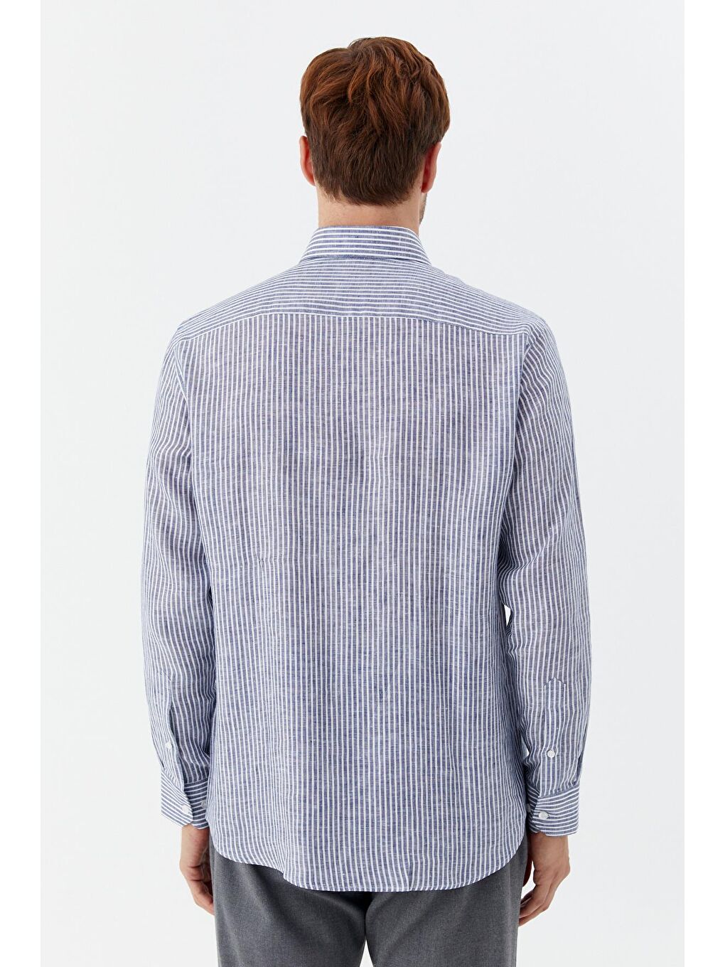 Mavi Erkek İndigo Çizgili Düğmeli Yaka %100 Keten Regular Fit Uzun Kollu Gömlek-4