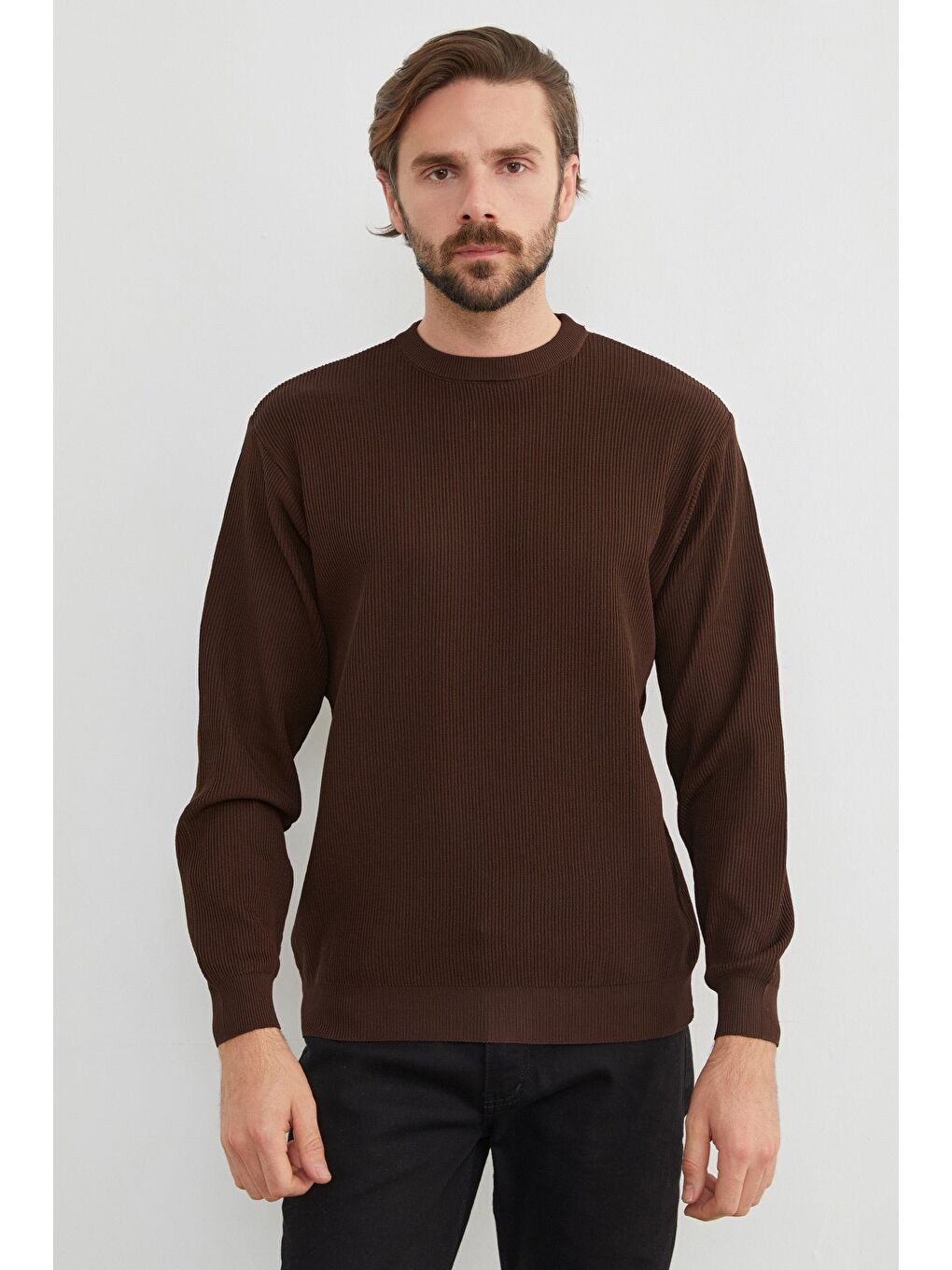 Kahverengi Basic Bisiklet Yaka Triko Kazak-2