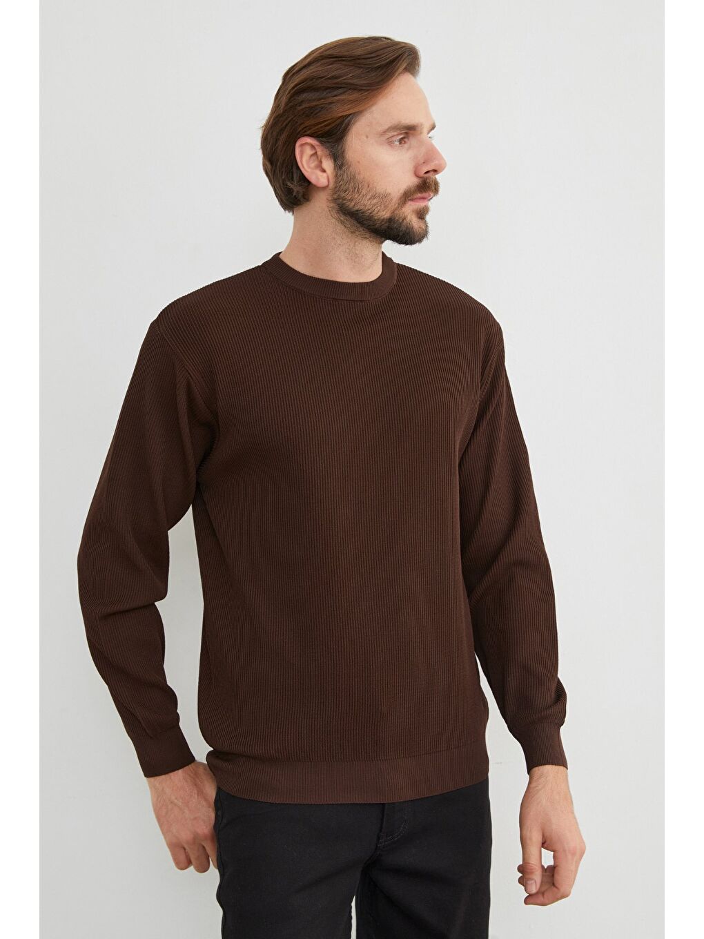 Kahverengi Basic Bisiklet Yaka Triko Kazak-3