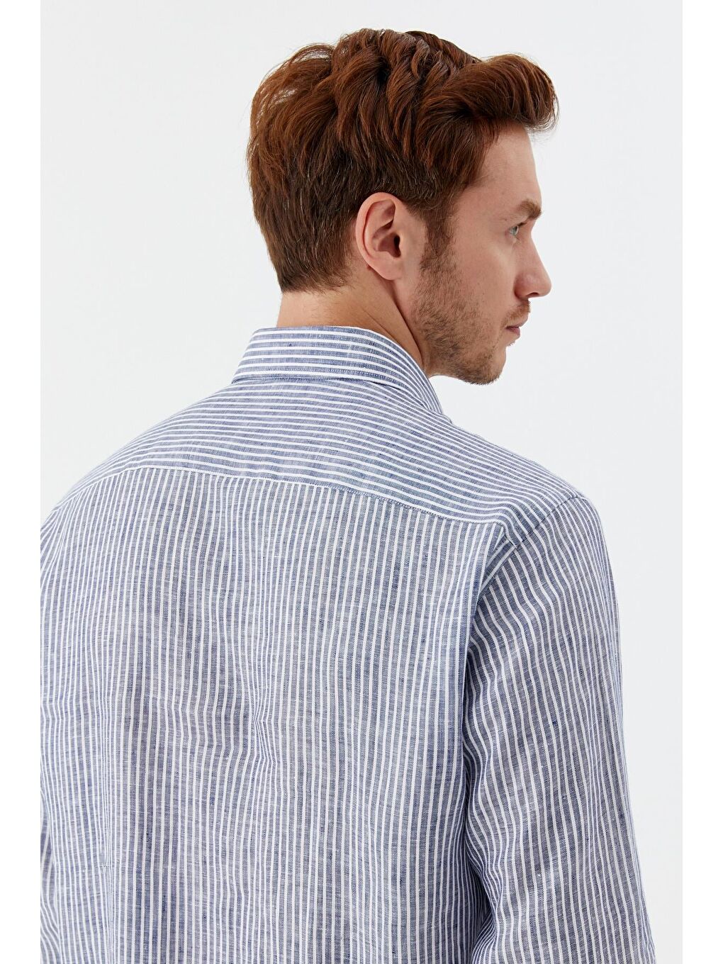 Mavi Erkek İndigo Çizgili Düğmeli Yaka %100 Keten Regular Fit Uzun Kollu Gömlek-5