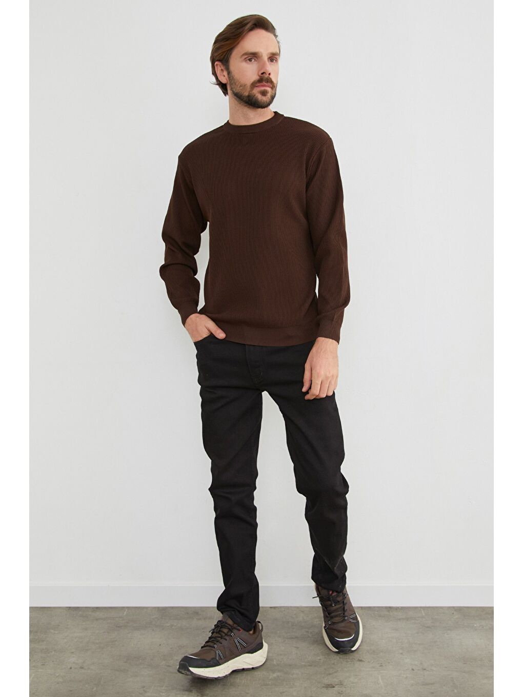 Kahverengi Basic Bisiklet Yaka Triko Kazak-4