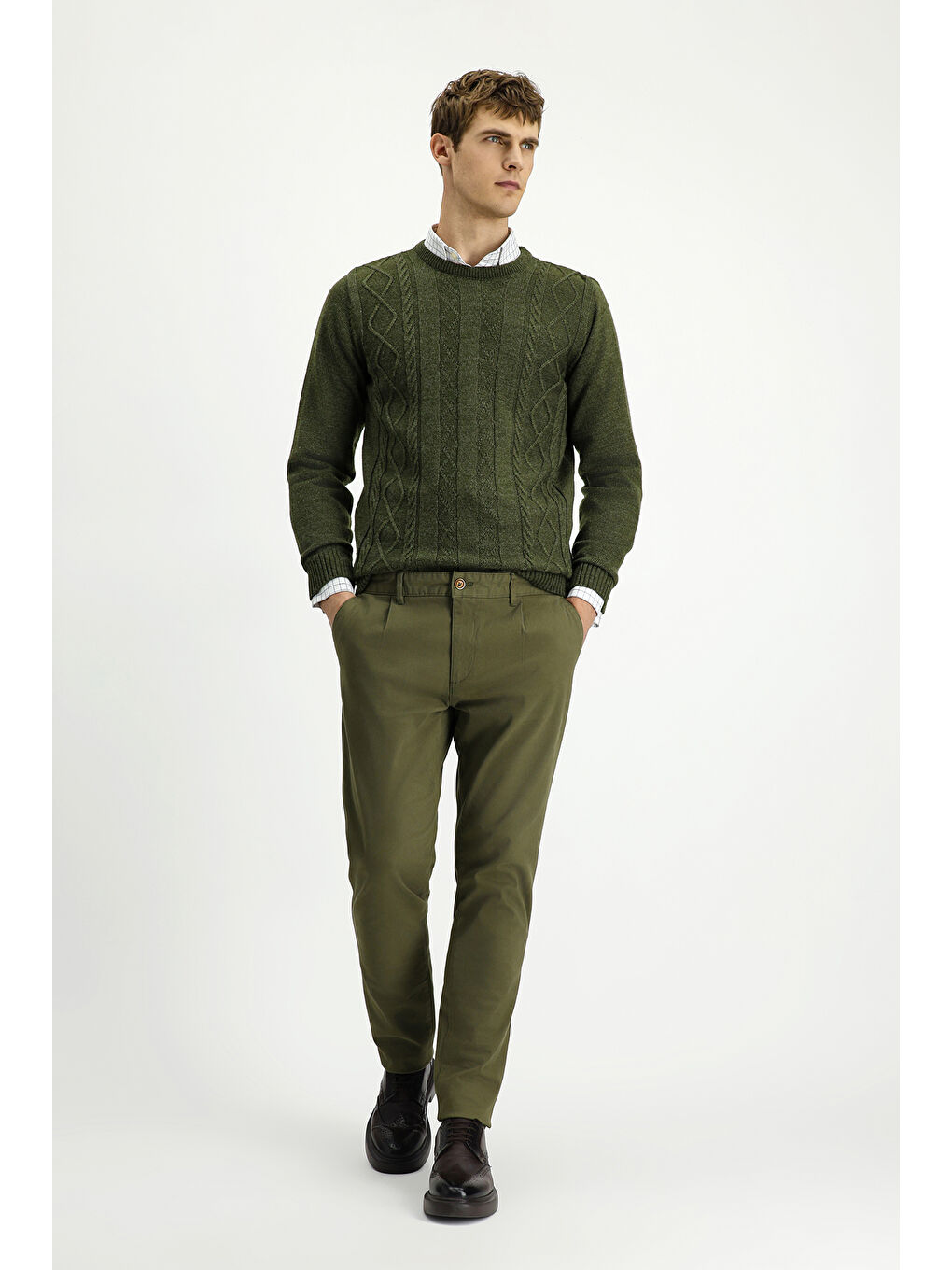 Haki Regular Fit Elastanlı Pileli Kanvas / Chino Pantolon