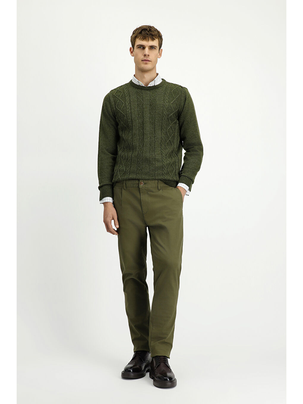 Haki Regular Fit Elastanlı Pileli Kanvas / Chino Pantolon-1