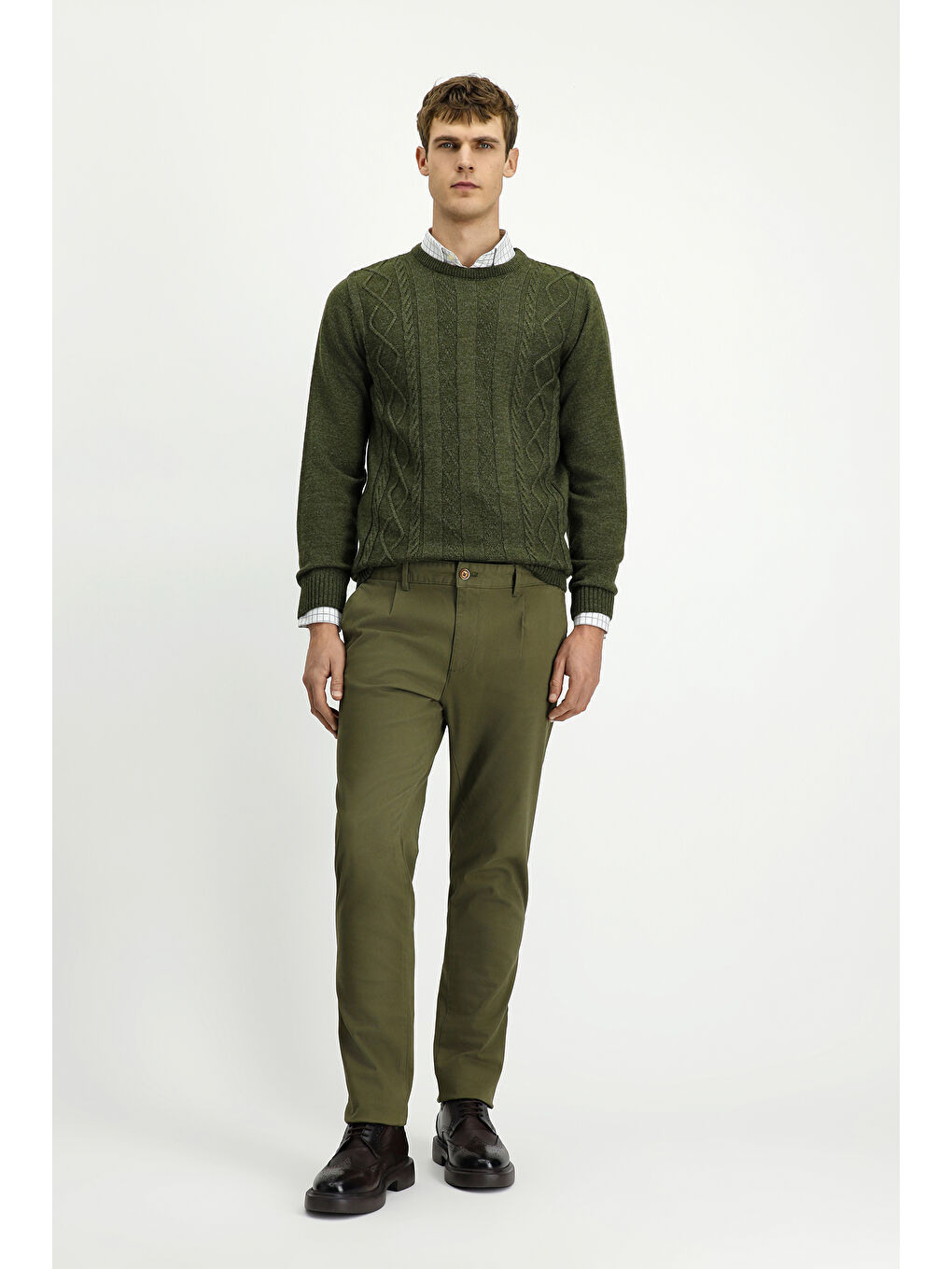 Haki Regular Fit Elastanlı Pileli Kanvas / Chino Pantolon-2