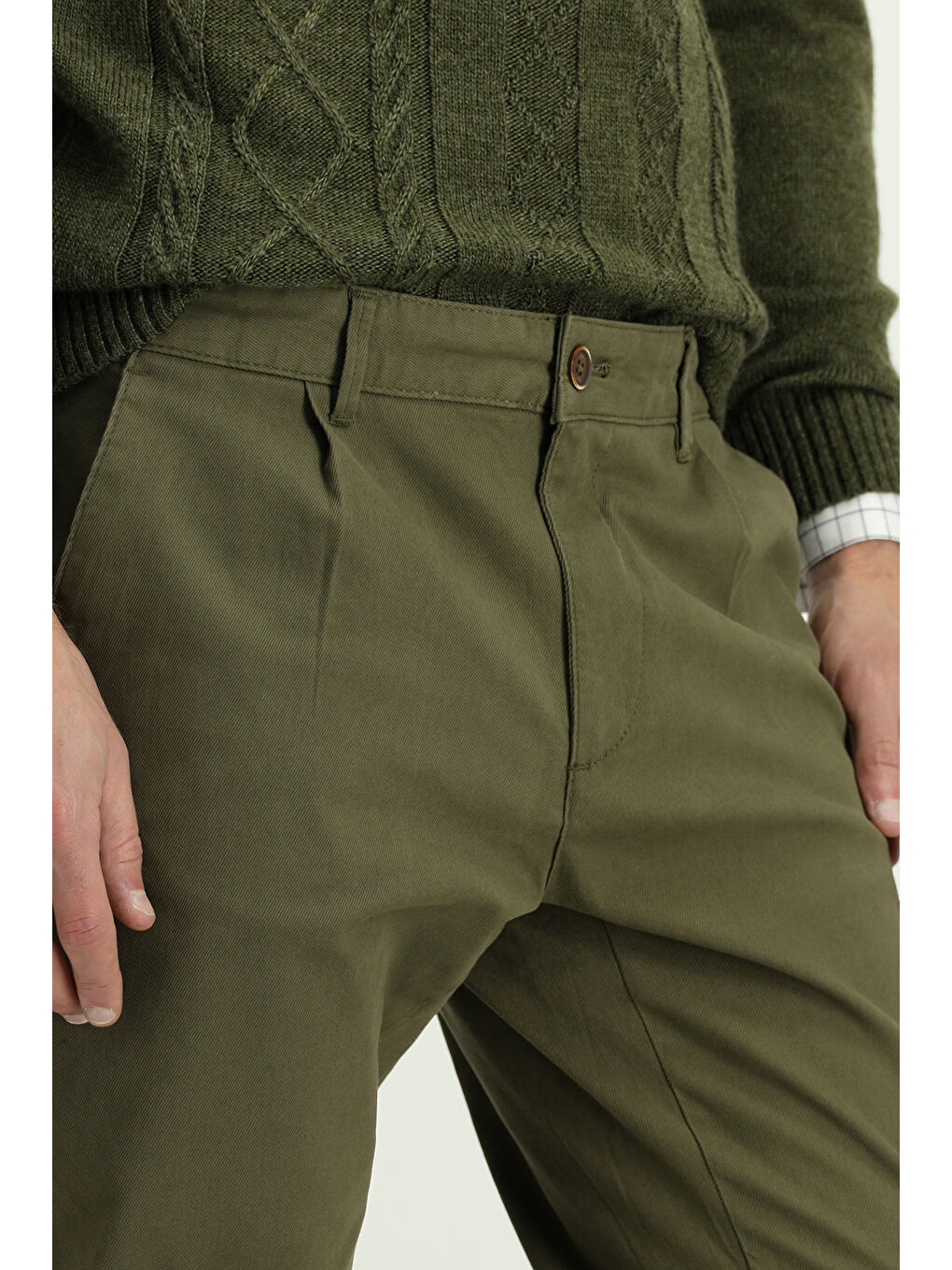 Haki Regular Fit Elastanlı Pileli Kanvas / Chino Pantolon-4