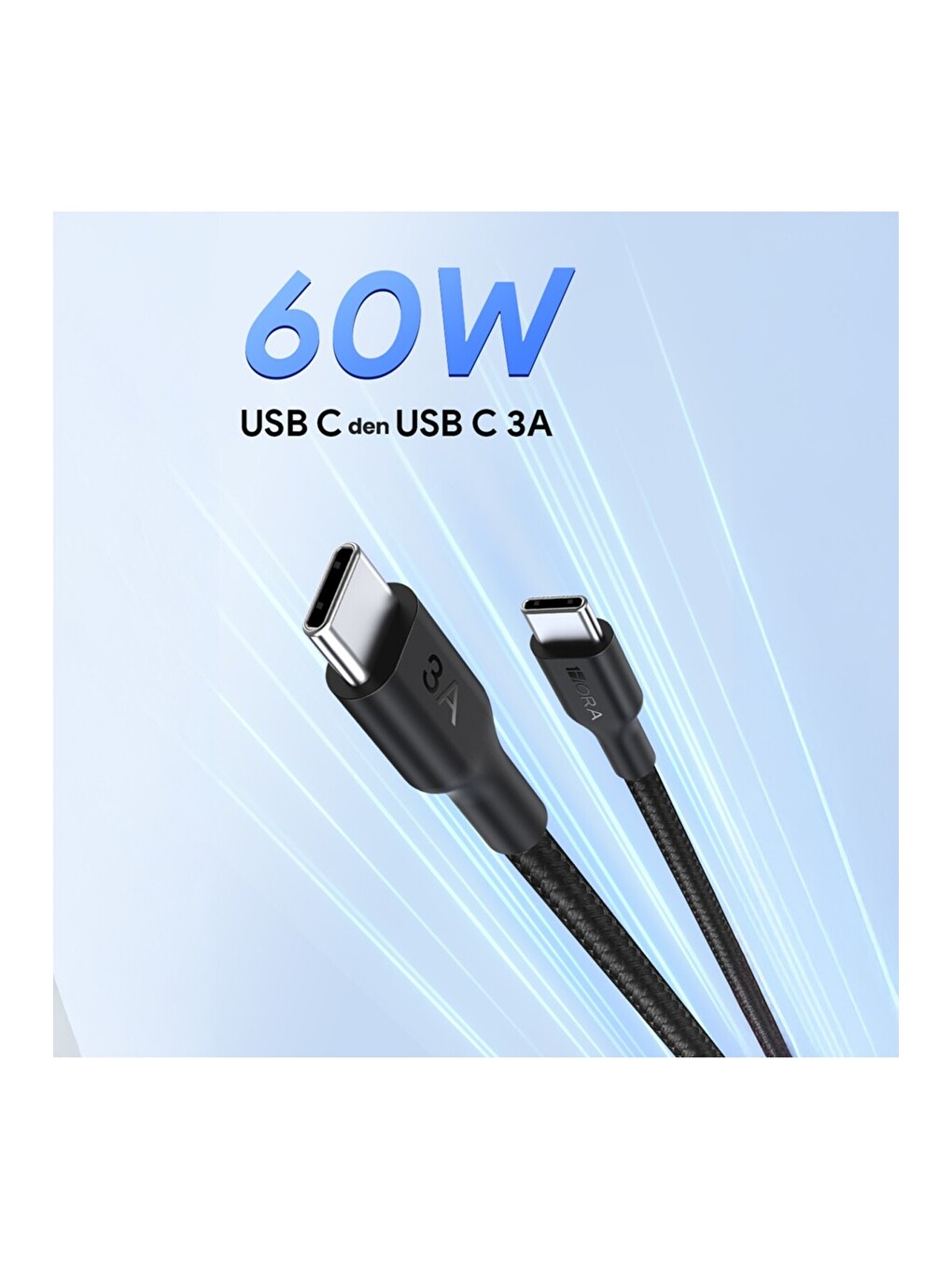 3A Type-C To Type-C Pvc Örgü Başlıklı Data ve Şarj Kablosu - 1 Metre - Dayanıklı - Black