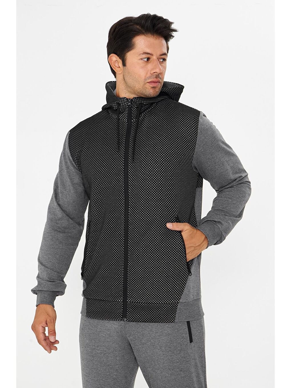 Erkek Tam Fermuarlı Kapüşonlu Eşofman Takımı Antrasit M. 5816-A-1