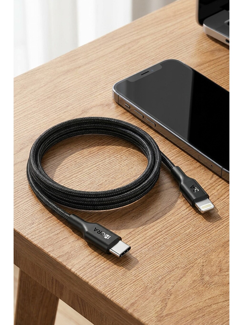 1HORA CAB273 Örgü Lightning Kablo 3A Hızlı Şarj 1 Metre Dayanıklı iPhone Siyah-1