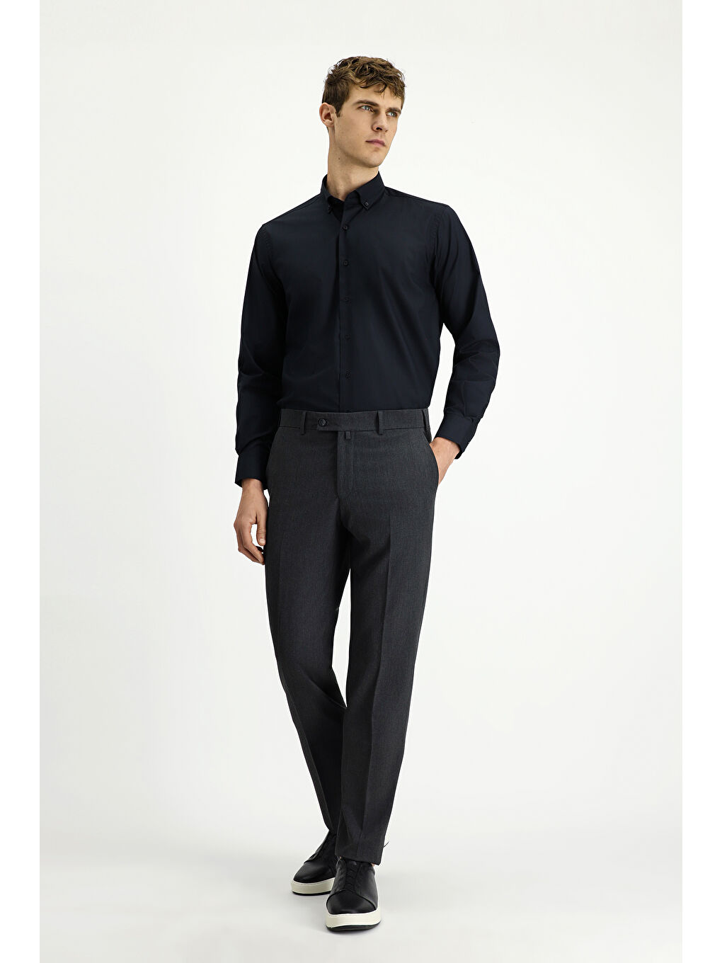 Gri Relaxed Fit Rahat Kesim Elastanlı Klasik Kumaş Pantolon-1