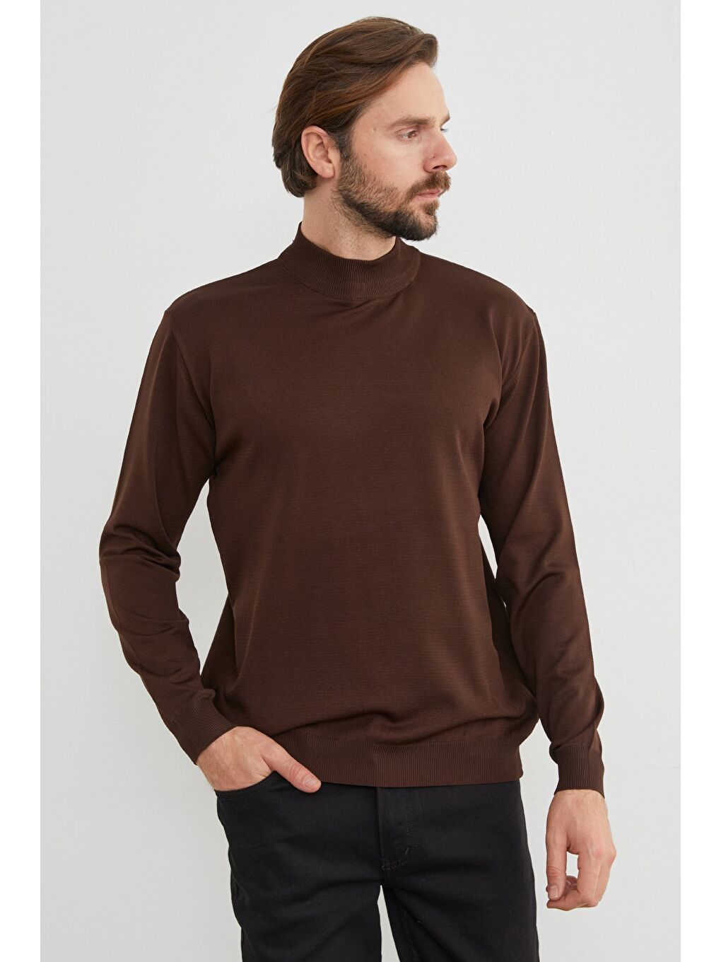 Kahverengi Basic Dik Yaka Triko Kazak-1