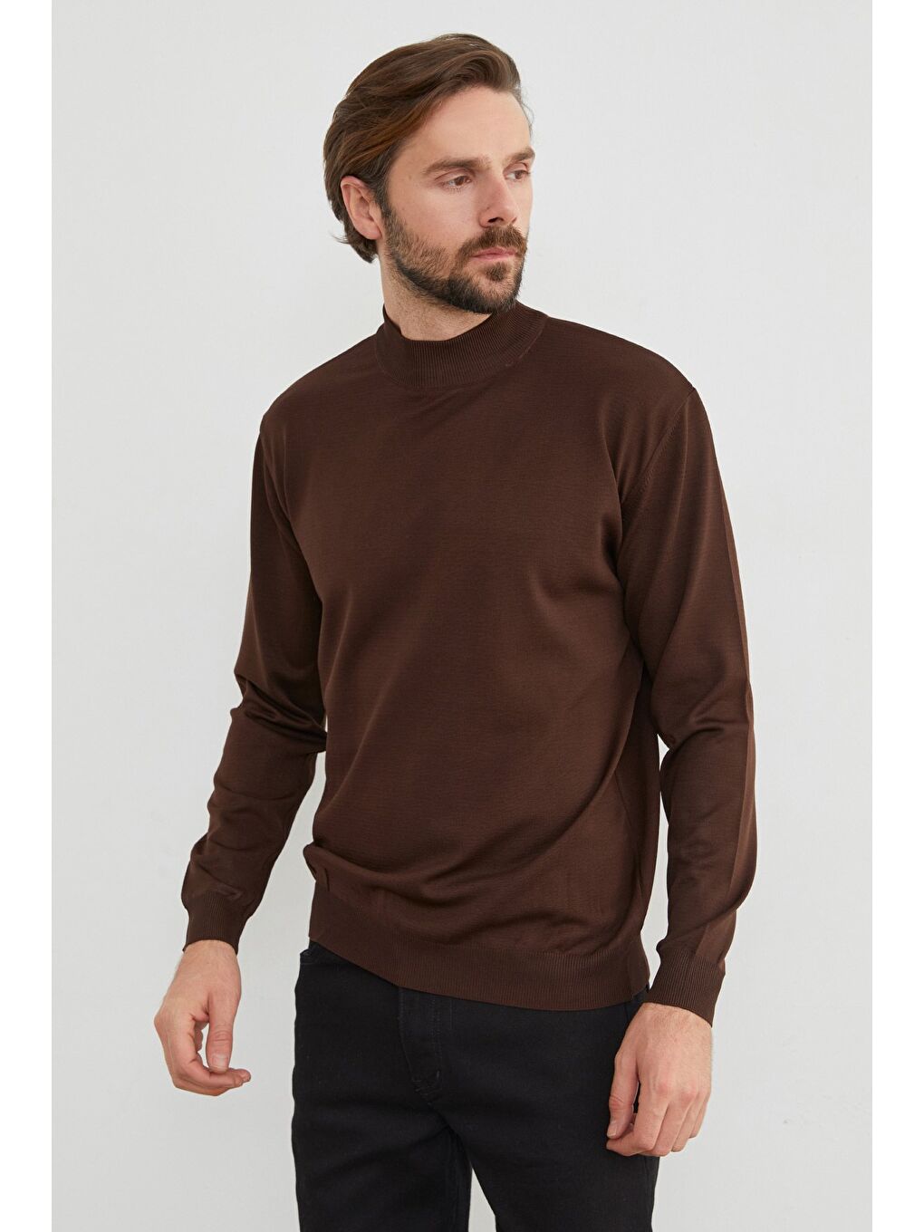 Kahverengi Basic Dik Yaka Triko Kazak-2