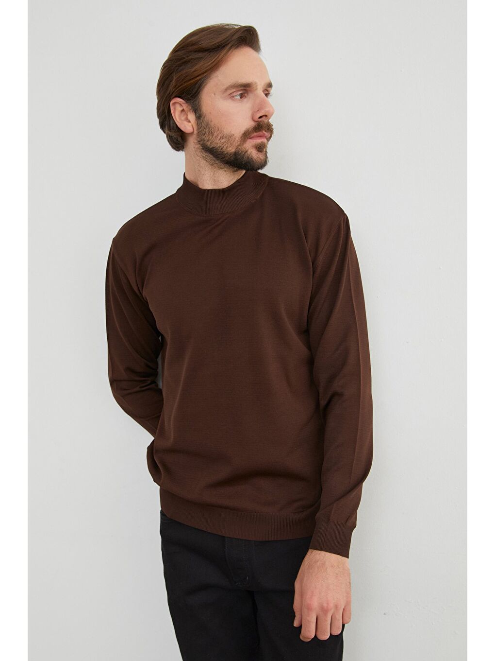 Kahverengi Basic Dik Yaka Triko Kazak-3