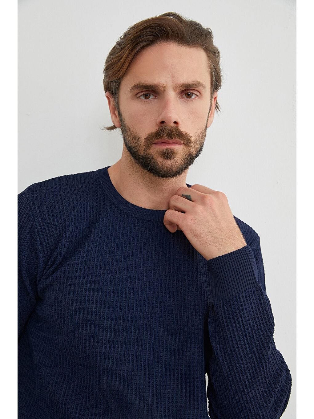 Lacivert Basic Bisiklet Yaka Örgü Triko Kazak-4