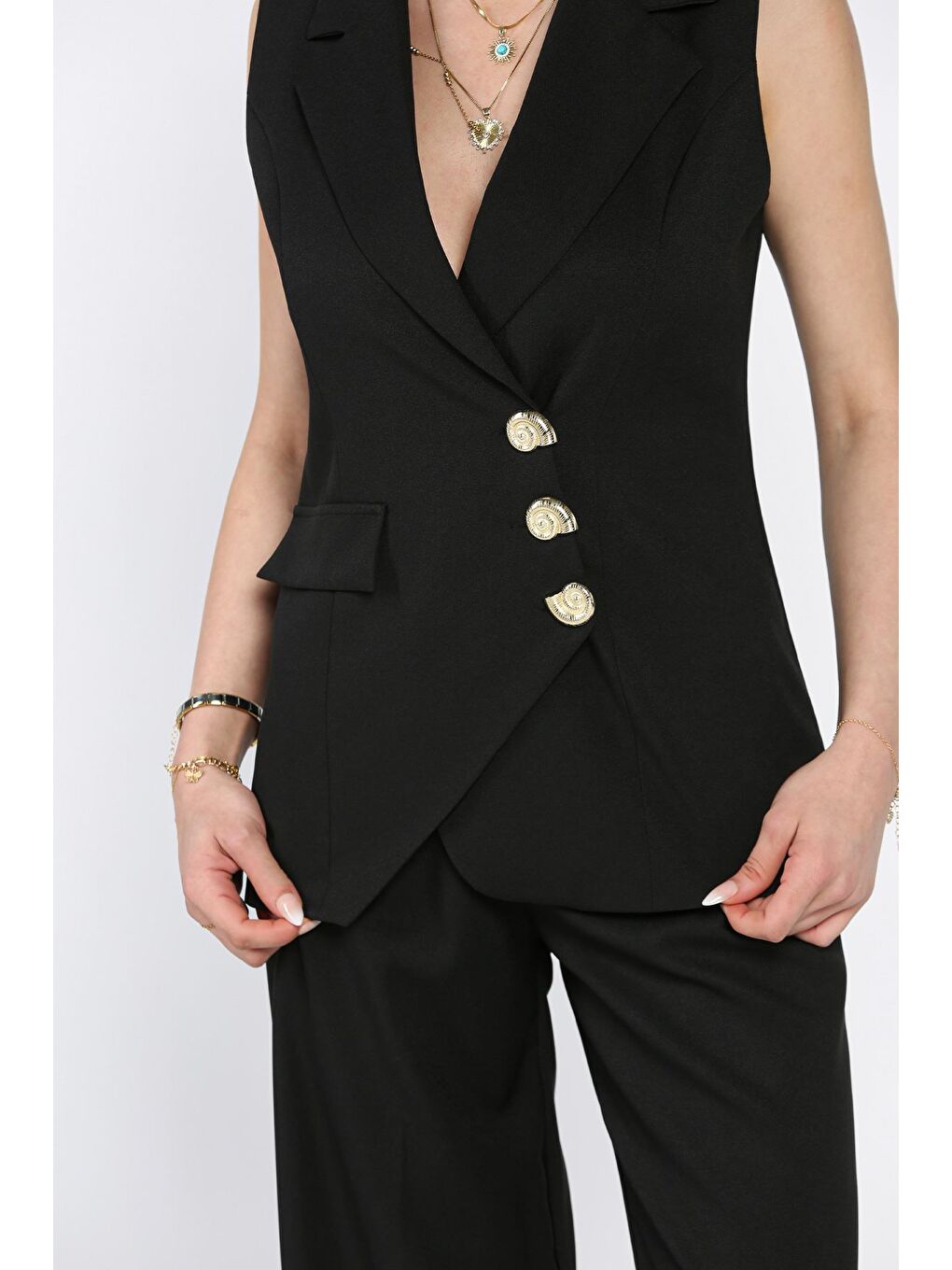 Siyah Kruvaze Yaka Astarlı Yelek Pantolon İkili Takım-3