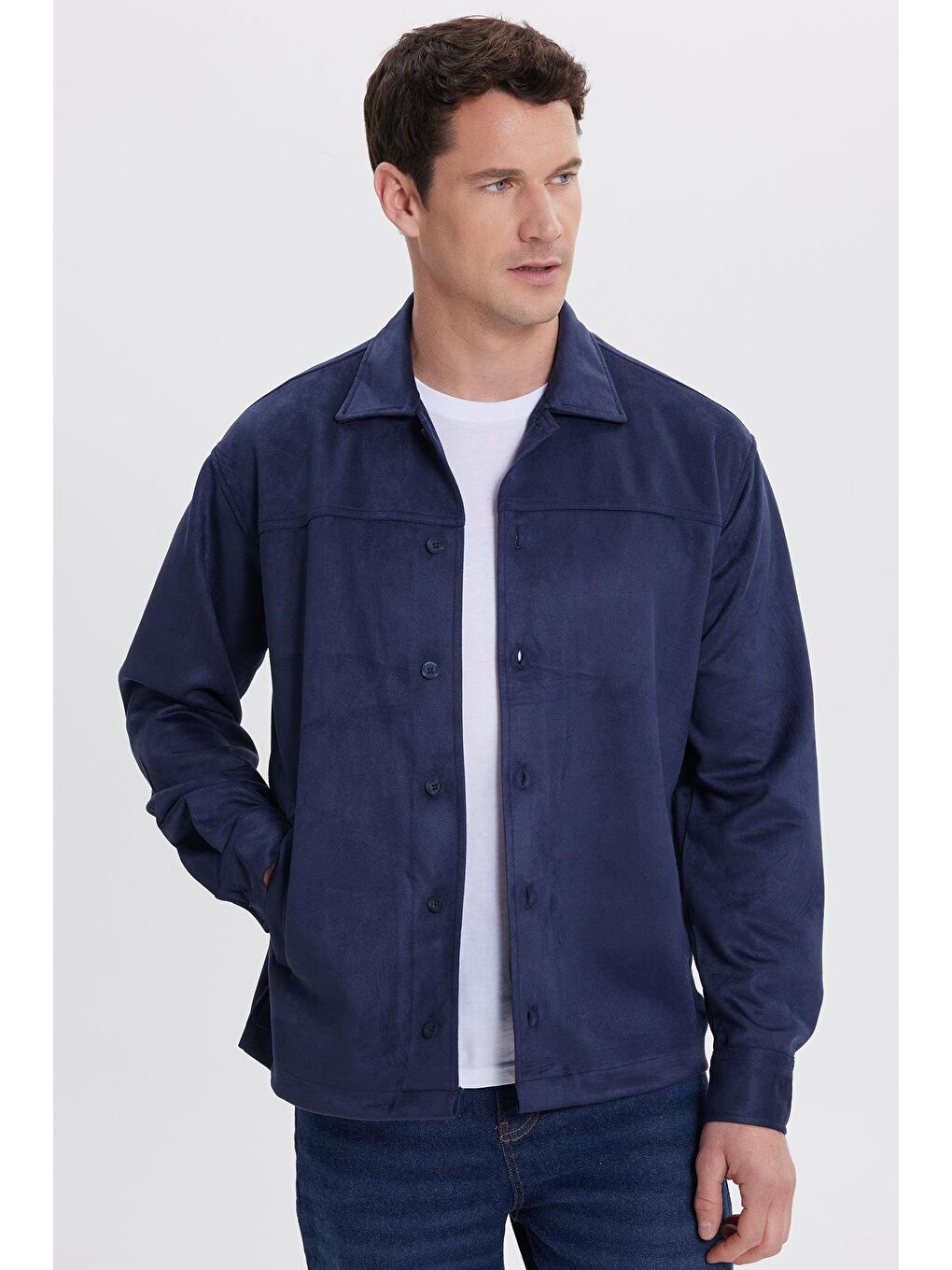Erkek Relax Fit Rahat Kesim Düz Süet Yan Cepli Lacivert Ceket Gömlek