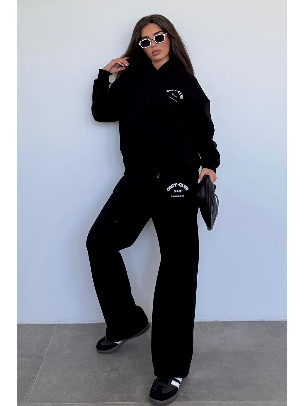 Siyah Kapüşonlu Baskılı Kadın Eşofman Takımı Mg2524-1