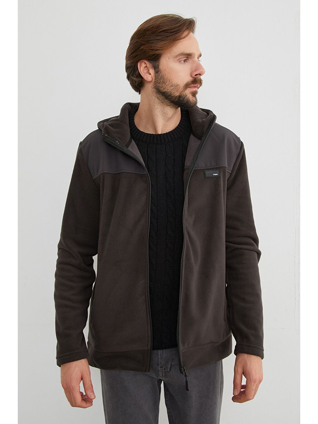 Antrasit Armalı Kapüşonlu Fermuarlı Polar Ceket-1