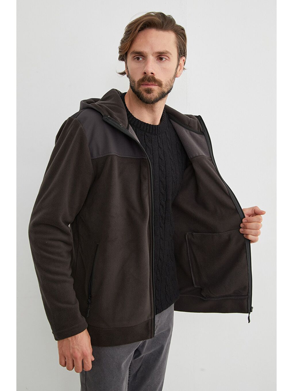 Antrasit Armalı Kapüşonlu Fermuarlı Polar Ceket-3