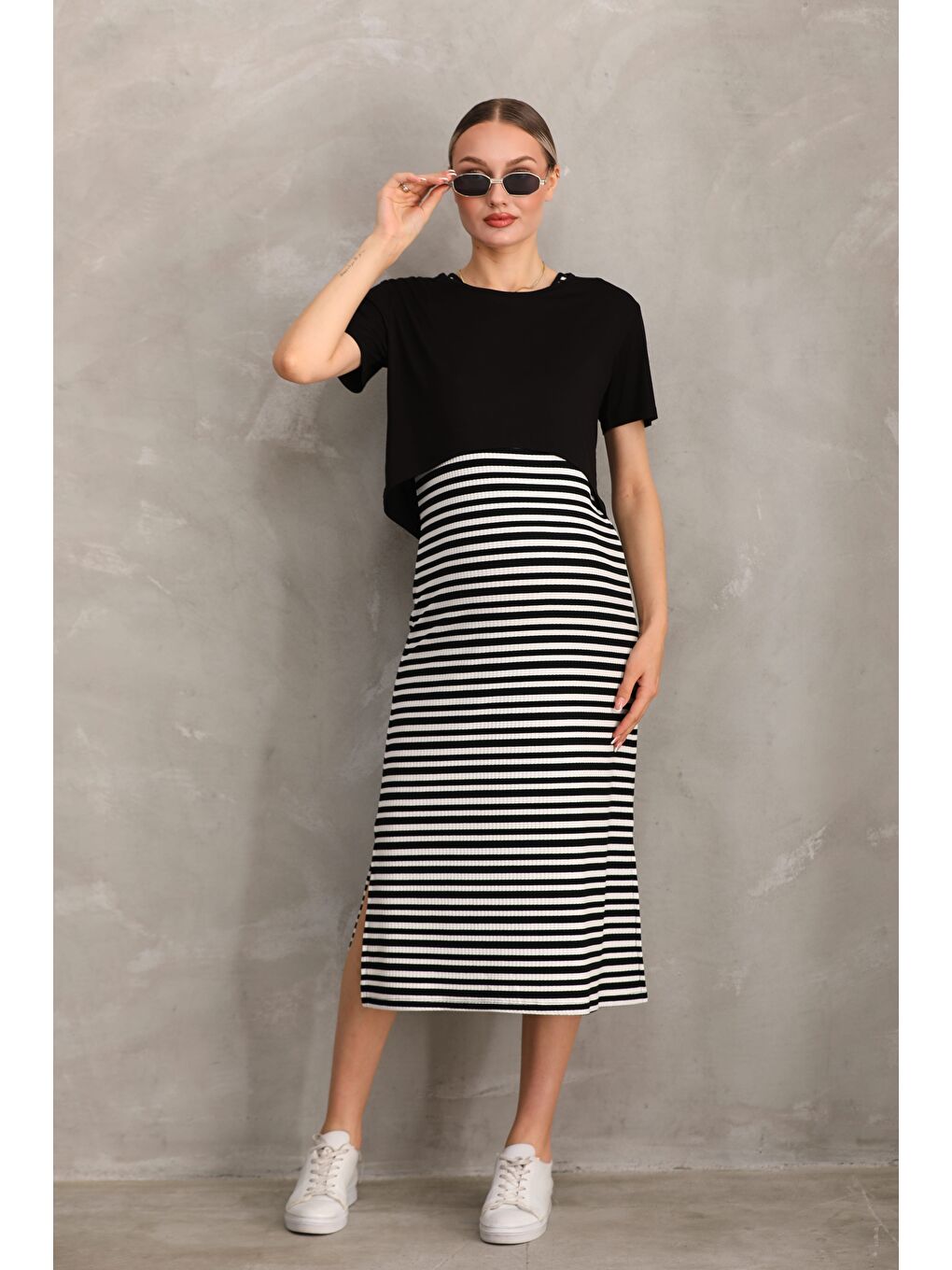 Siyah Kısa Kol Çizgilli Fitilli Kaşkorse Hamile ve Lohusa Tişört Elbise Takımı