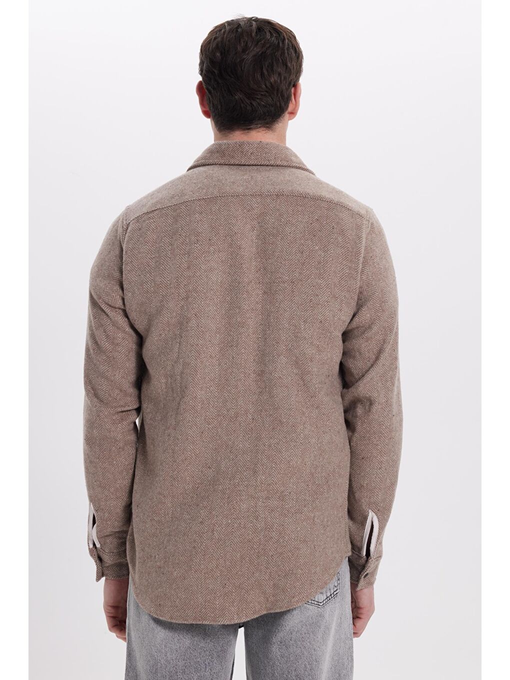 Erkek Slim Fit Dar Kesim  Armürlü Oduncu Cepli Spor Yaka Kahverengi Gömlek-5