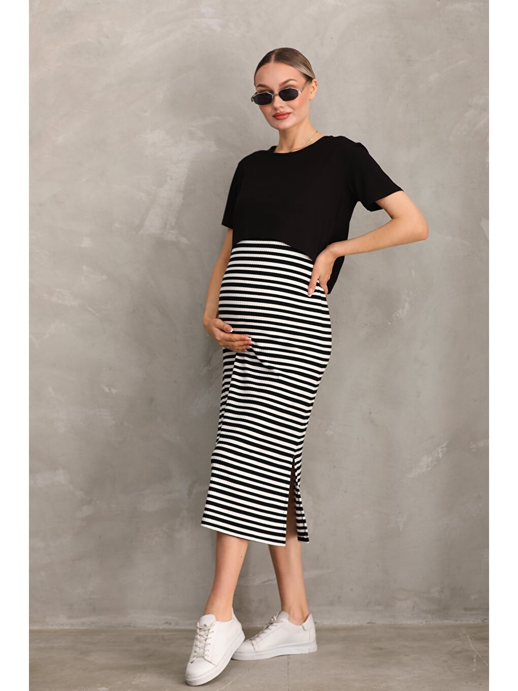Siyah Kısa Kol Çizgilli Fitilli Kaşkorse Hamile ve Lohusa Tişört Elbise Takımı-1