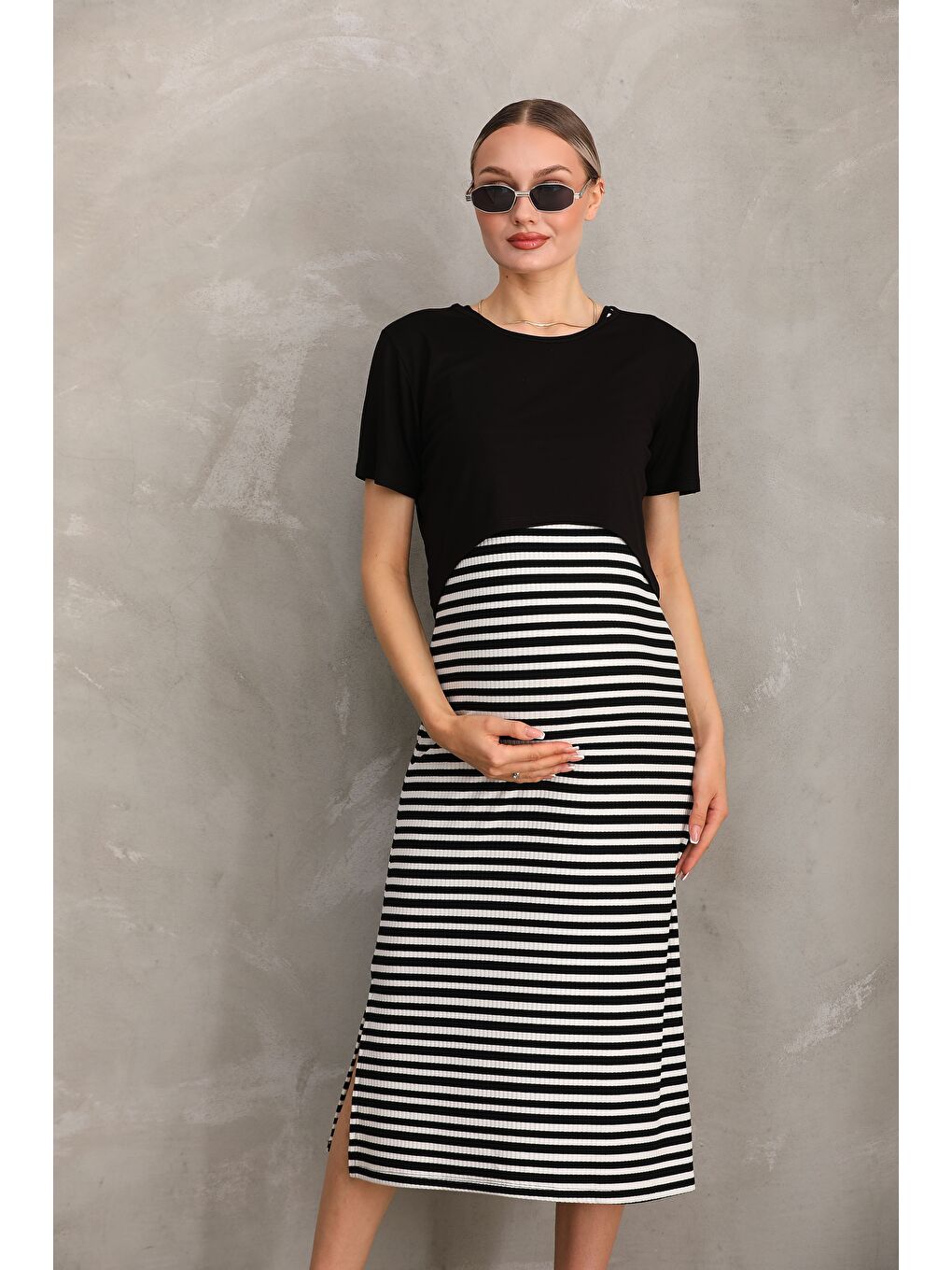 Siyah Kısa Kol Çizgilli Fitilli Kaşkorse Hamile ve Lohusa Tişört Elbise Takımı-2