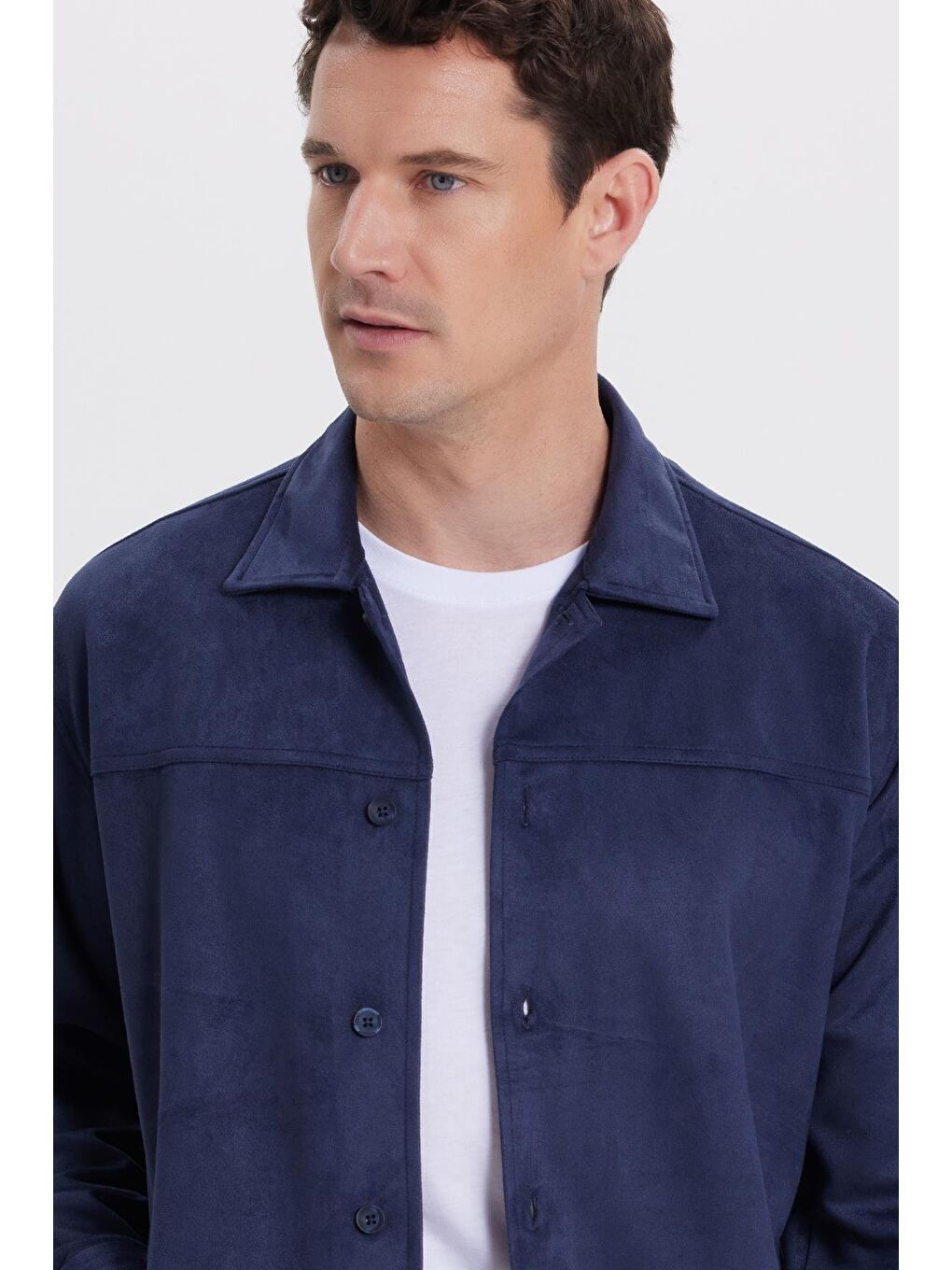 Erkek Relax Fit Rahat Kesim Düz Süet Yan Cepli Lacivert Ceket Gömlek-1