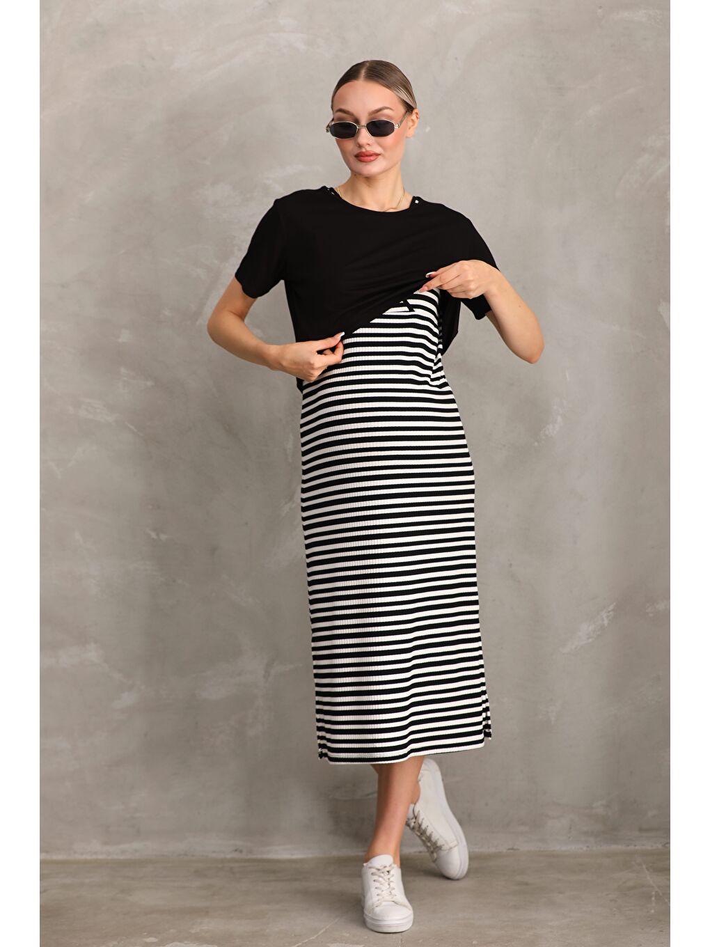 Siyah Kısa Kol Çizgilli Fitilli Kaşkorse Hamile ve Lohusa Tişört Elbise Takımı-4