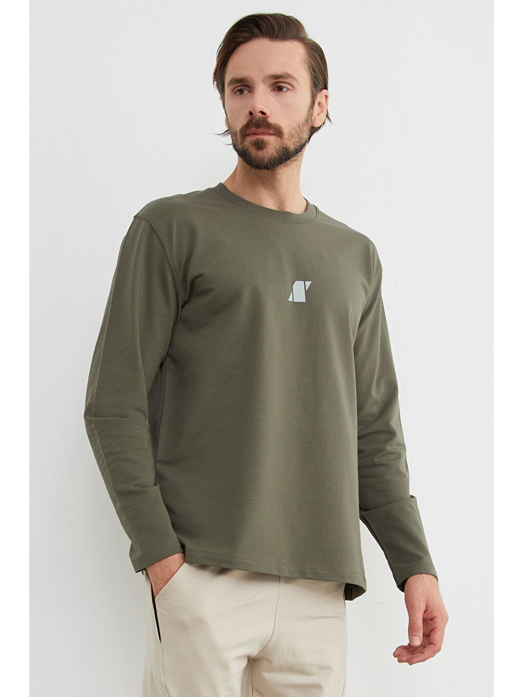 Haki Baskılı Bisiklet Yaka Sweatshirt