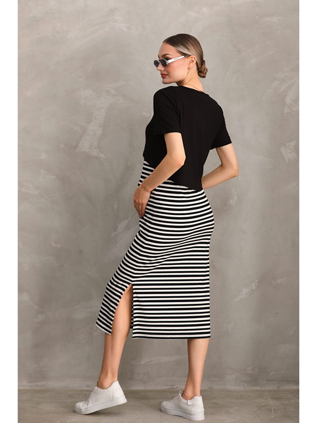 Siyah Kısa Kol Çizgilli Fitilli Kaşkorse Hamile ve Lohusa Tişört Elbise Takımı-5