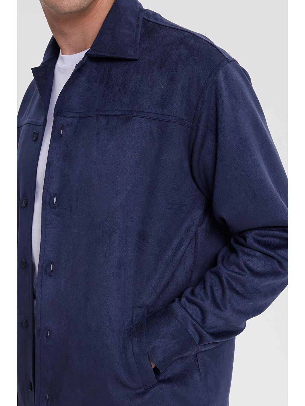 Erkek Relax Fit Rahat Kesim Düz Süet Yan Cepli Lacivert Ceket Gömlek-2