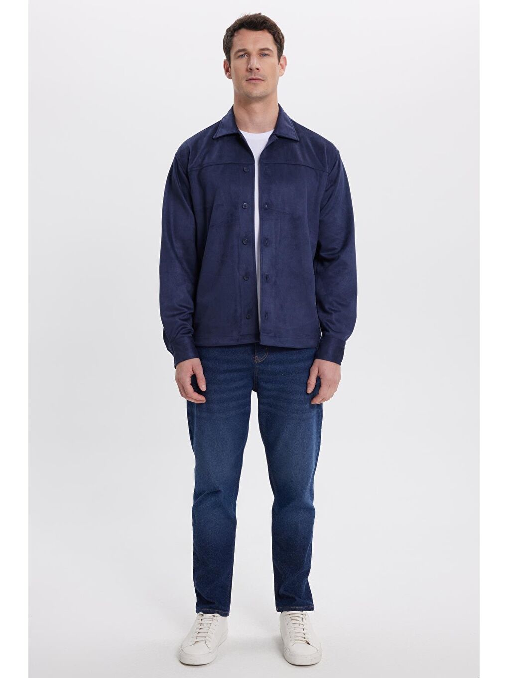 Erkek Relax Fit Rahat Kesim Düz Süet Yan Cepli Lacivert Ceket Gömlek-3
