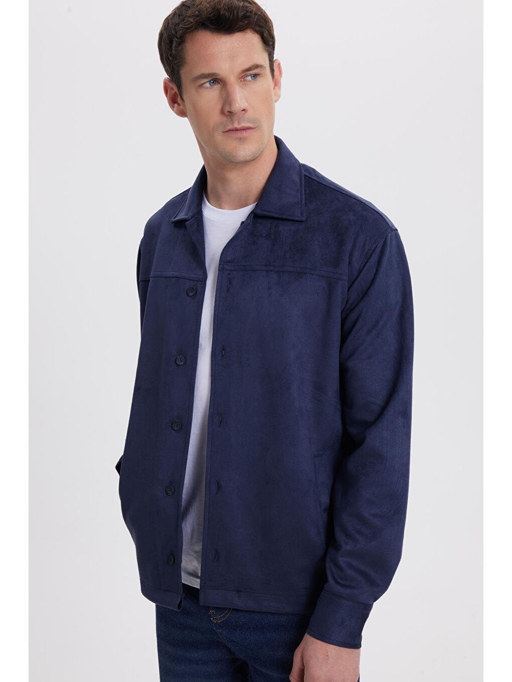 Erkek Relax Fit Rahat Kesim Düz Süet Yan Cepli Lacivert Ceket Gömlek-4