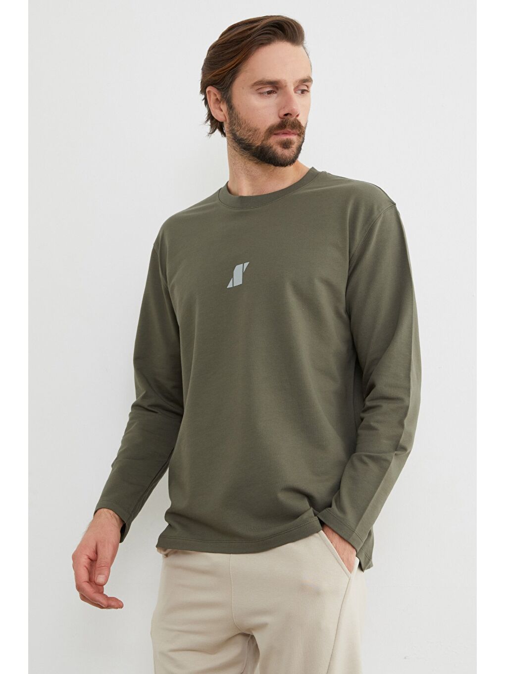 Haki Baskılı Bisiklet Yaka Sweatshirt-1
