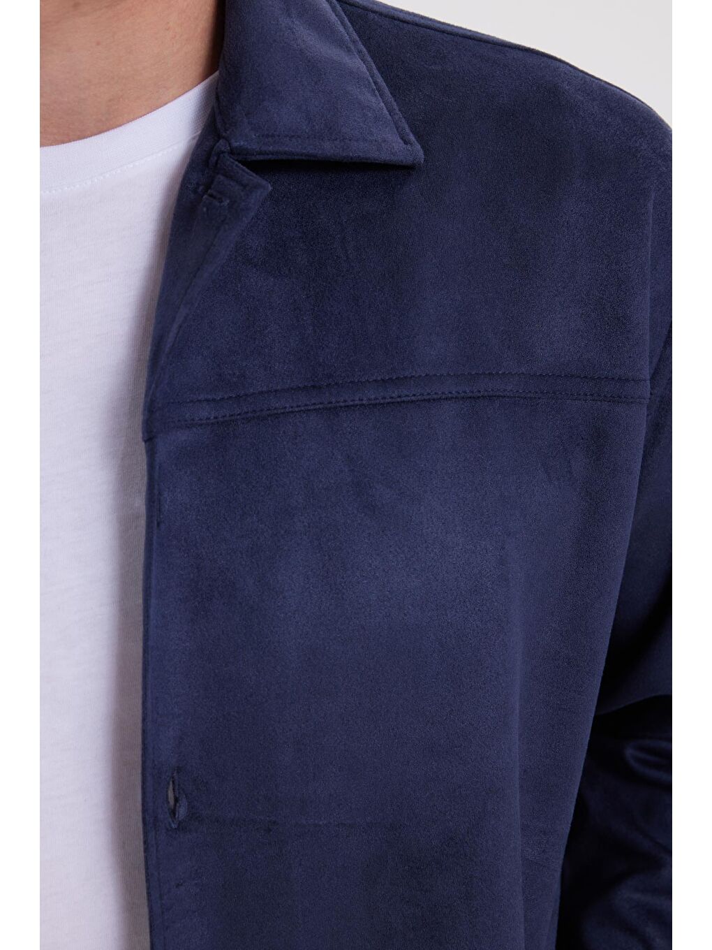 Erkek Relax Fit Rahat Kesim Düz Süet Yan Cepli Lacivert Ceket Gömlek-5