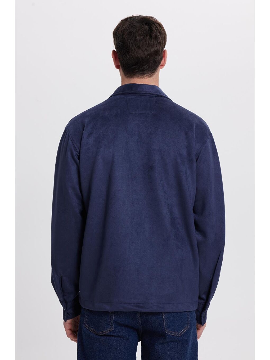 Erkek Relax Fit Rahat Kesim Düz Süet Yan Cepli Lacivert Ceket Gömlek-6