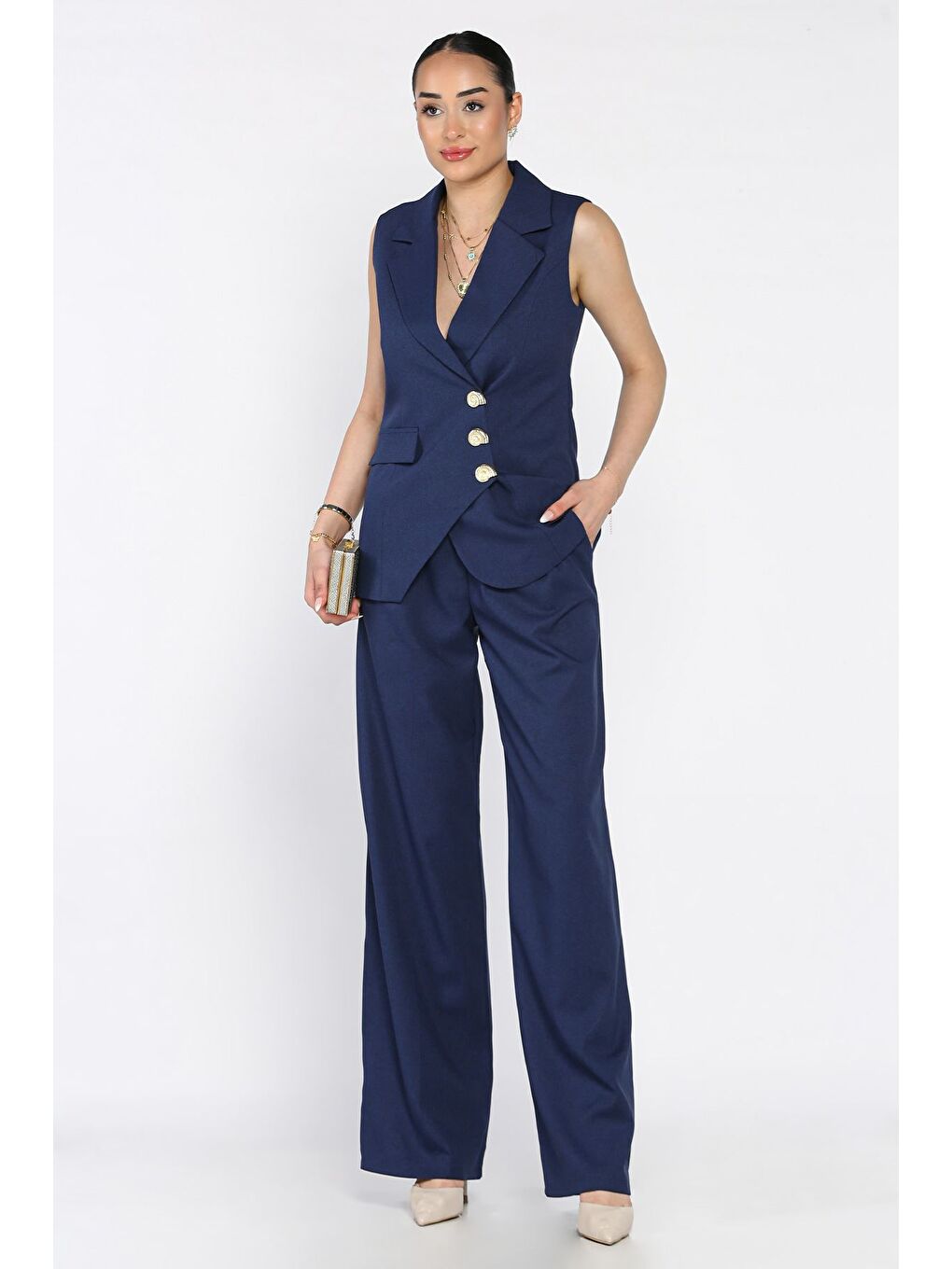 Lacivert Kruvaze Yaka Astarlı Yelek Pantolon İkili Takım