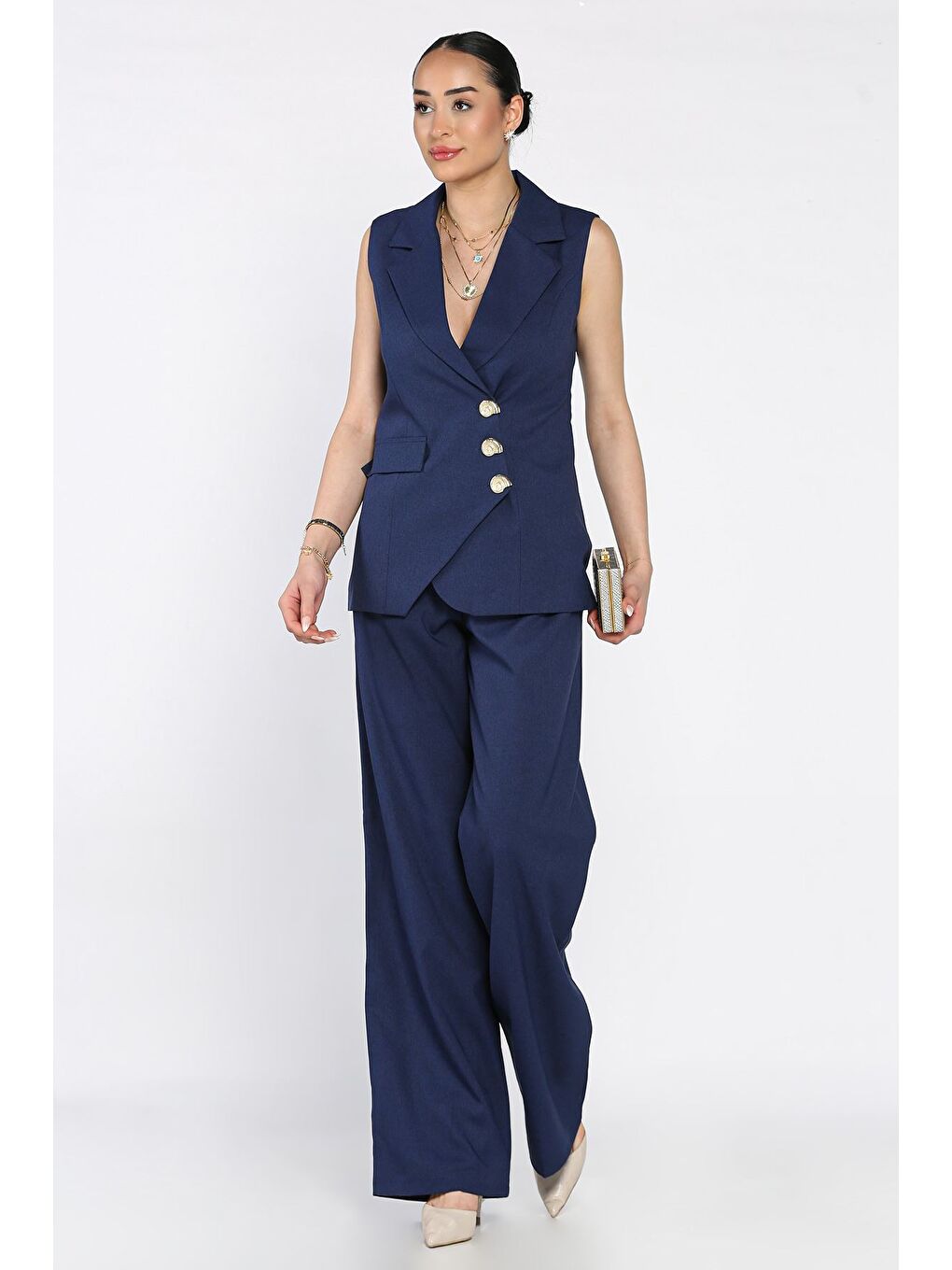 Lacivert Kruvaze Yaka Astarlı Yelek Pantolon İkili Takım-1
