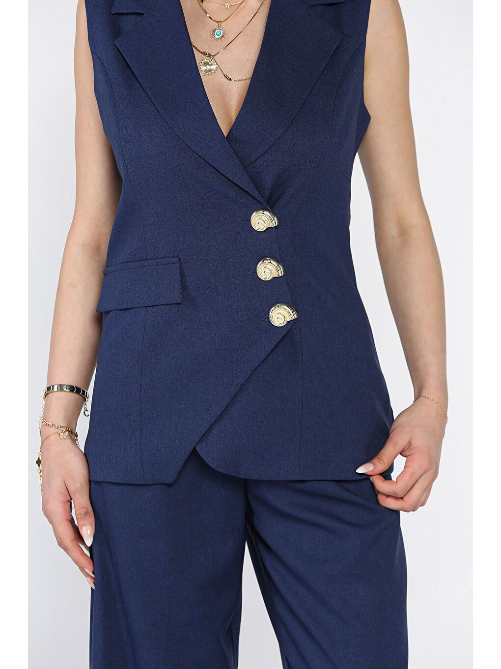 Lacivert Kruvaze Yaka Astarlı Yelek Pantolon İkili Takım-3