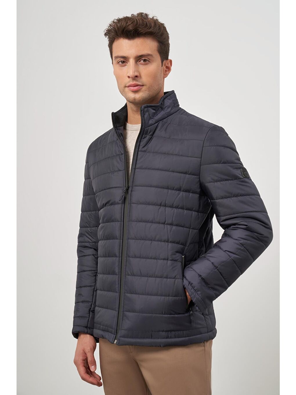 Koyu Lacivert Kapitone Hakim Yaka Düz Yırtmaçsız Tam Astar Slim Fit Classic Mont 1007245155-2