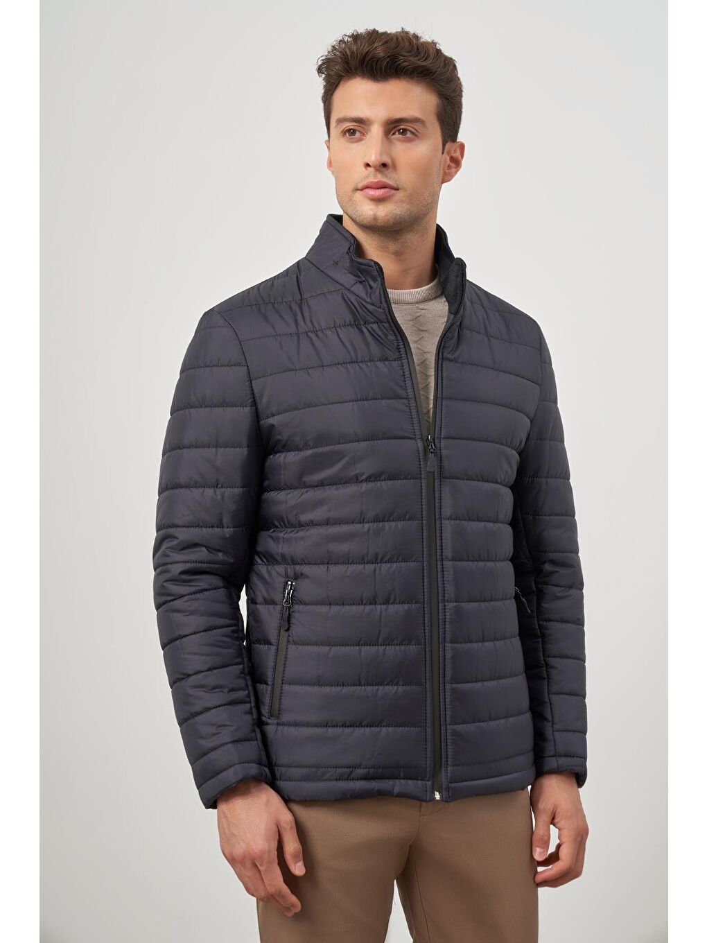 Koyu Lacivert Kapitone Hakim Yaka Düz Yırtmaçsız Tam Astar Slim Fit Classic Mont 1007245155-3