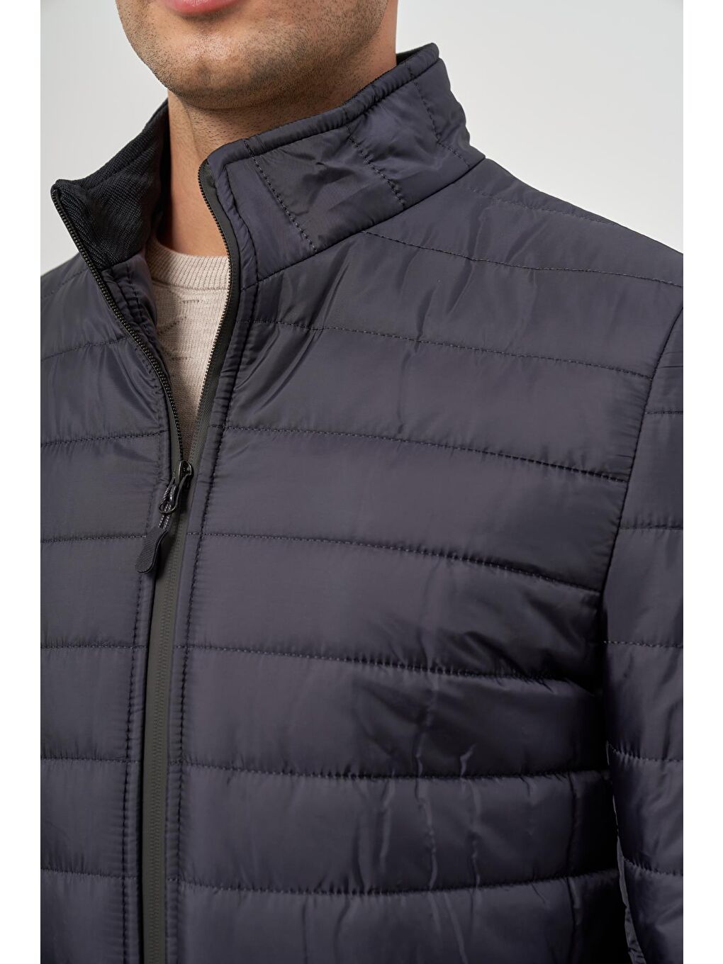 Koyu Lacivert Kapitone Hakim Yaka Düz Yırtmaçsız Tam Astar Slim Fit Classic Mont 1007245155-5