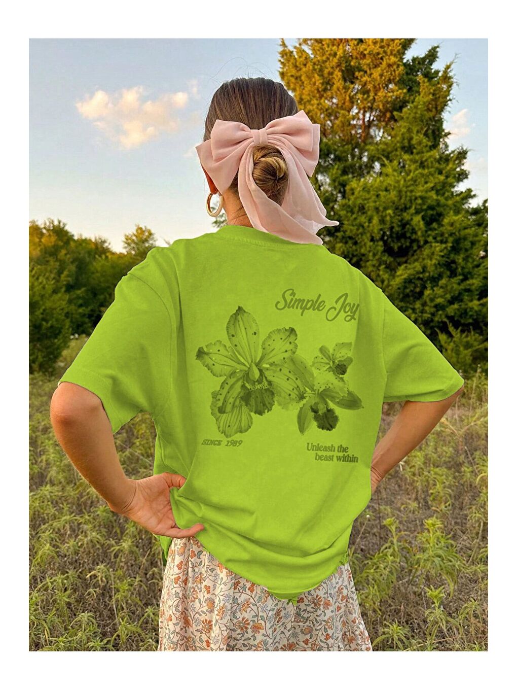 Kadın Lime Yeşili Simple Joy Baskılı Oversize Tişört