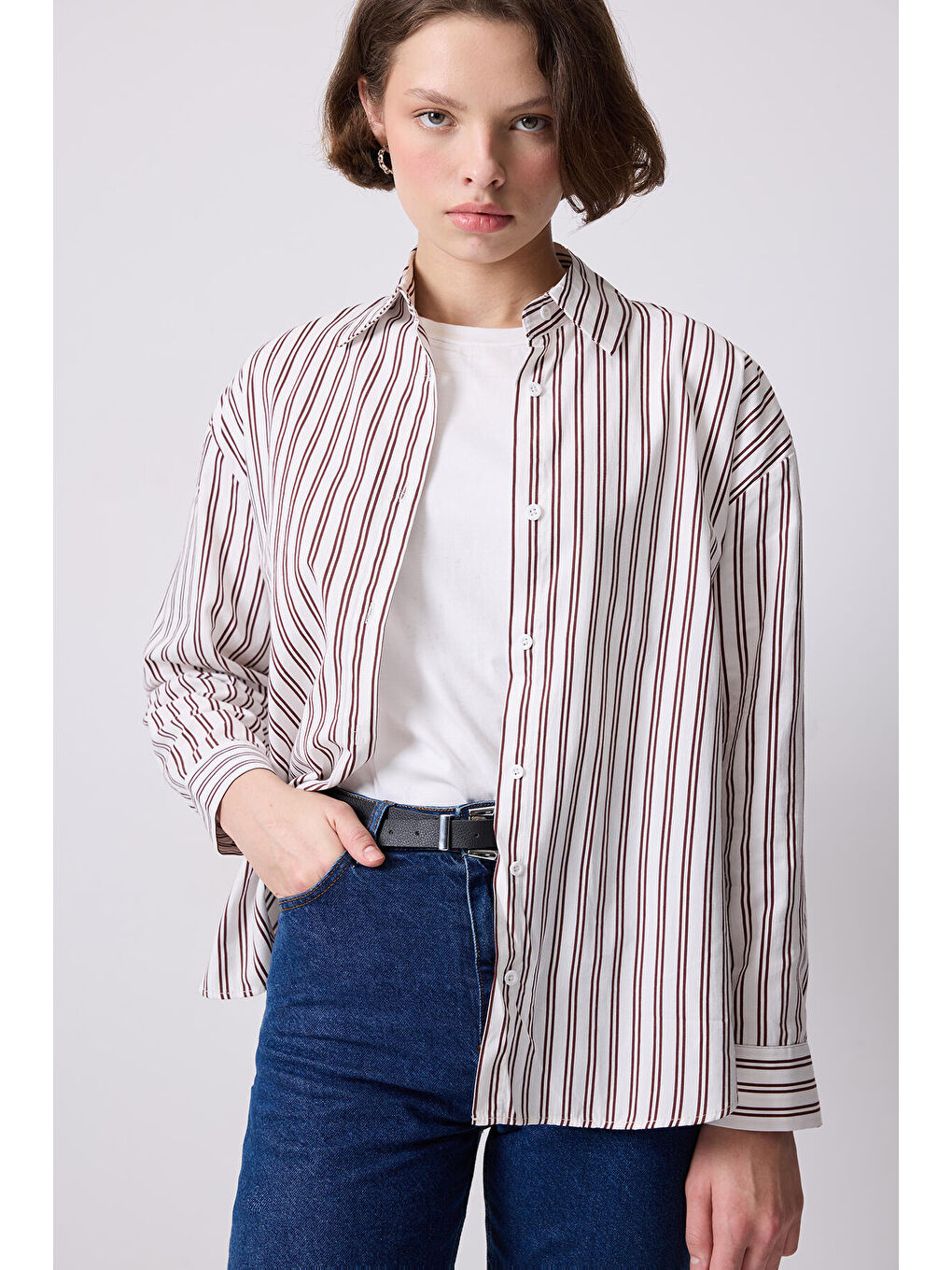 Bordo Relax Fit Çizgili Gömlek-1