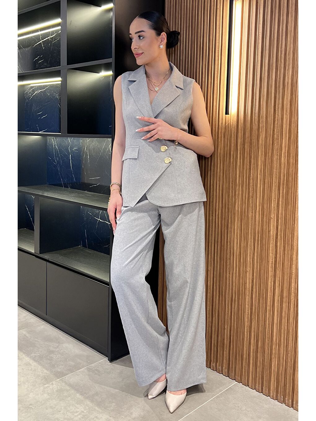 Gri Kruvaze Yaka Astarlı Yelek Pantolon İkili Takım