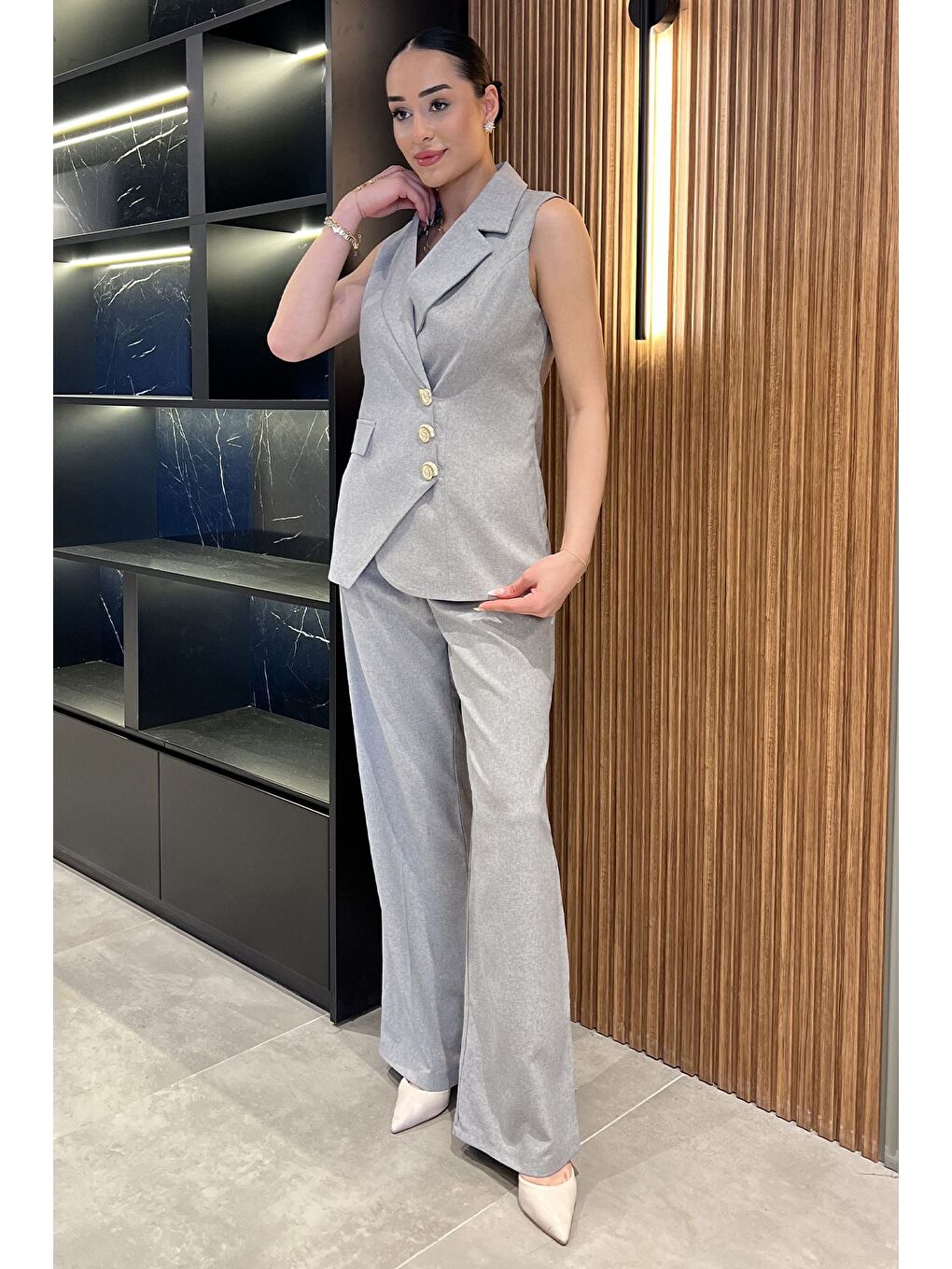 Gri Kruvaze Yaka Astarlı Yelek Pantolon İkili Takım-1