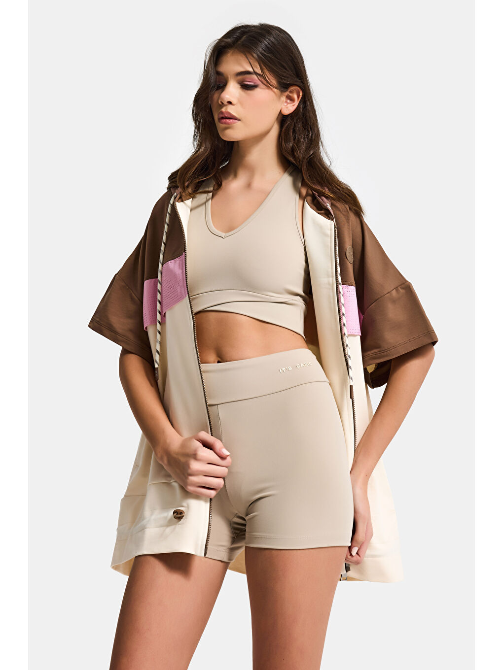 Bej Kadın Taş Renk s6-16 Sweatshirt Büstiyer Sporcu Taytı 3'lü Tasarım Takım-1