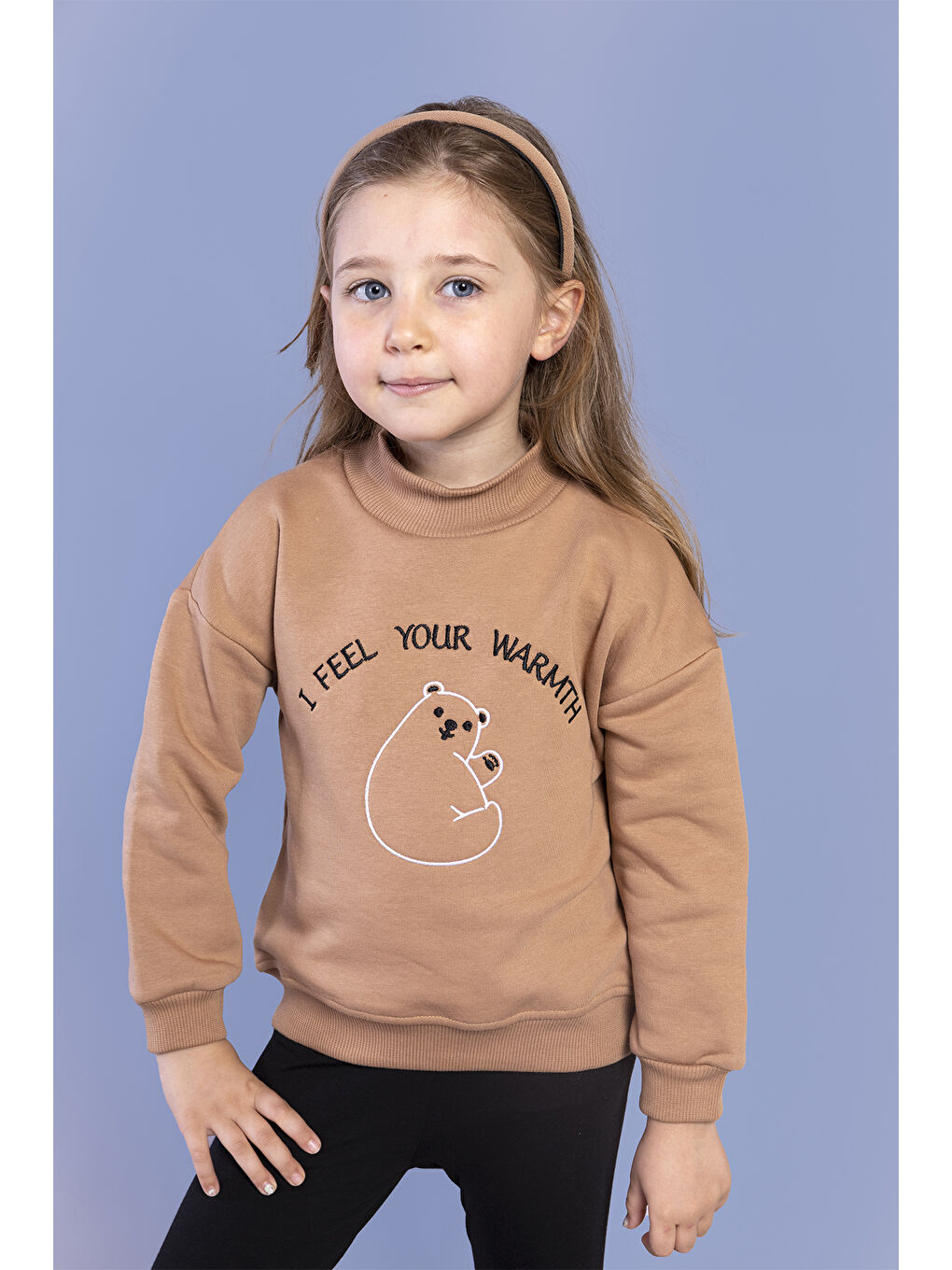 Toontoykids Kahverengi Kız Çocuk Nakışlı Balıkçı Yaka Pamuklu Sweatshirt