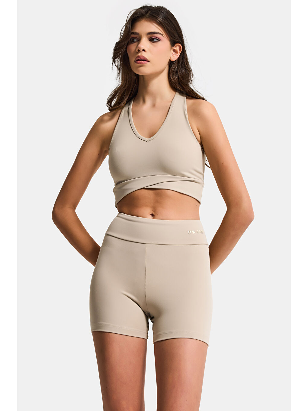 Bej Kadın Taş Renk s6-16 Sweatshirt Büstiyer Sporcu Taytı 3'lü Tasarım Takım-2