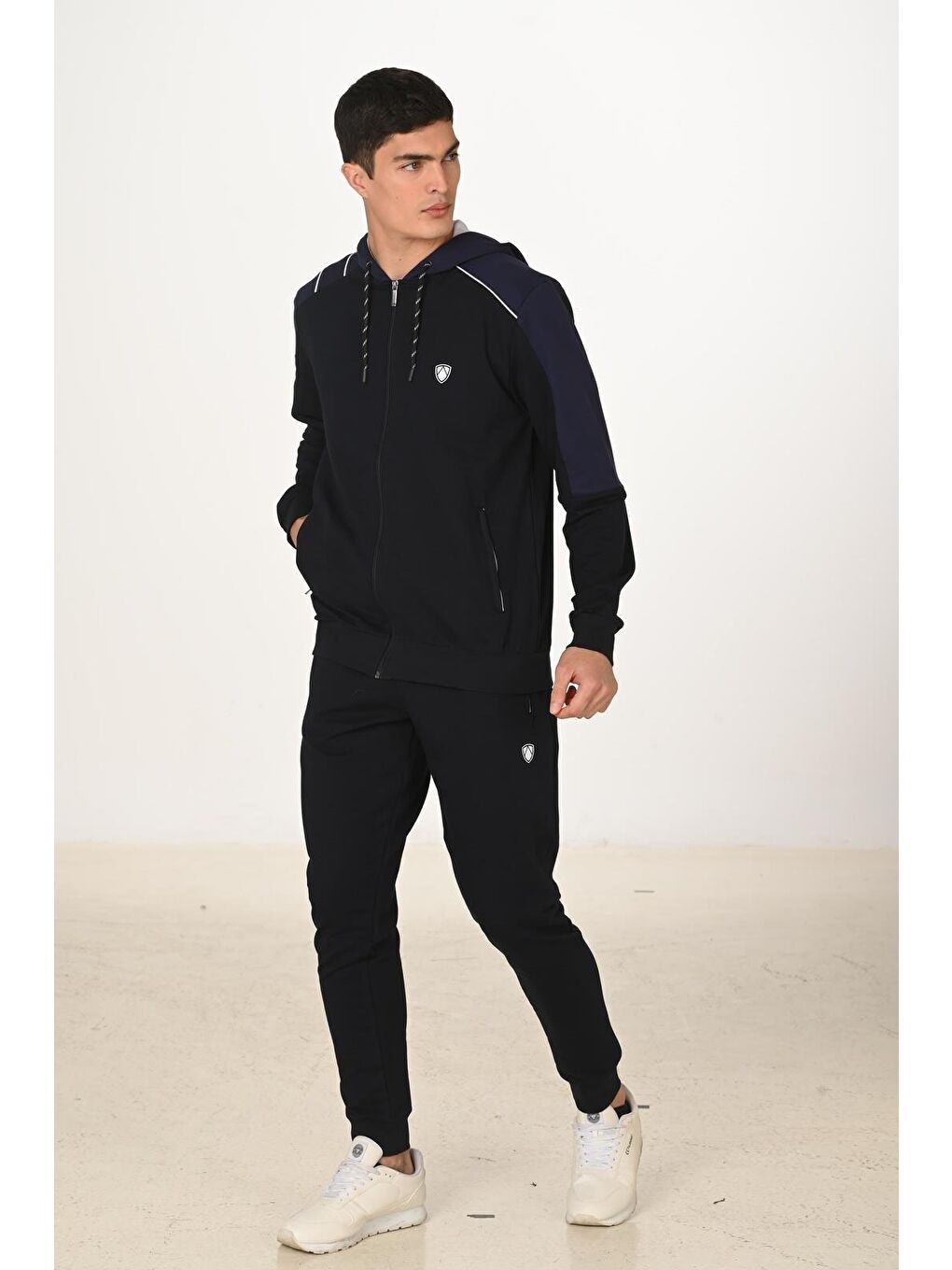 Erkek Pamuklu Tam Fermuarlı Kapüşonlu Eşofman Takımı Lacivert 5282-L